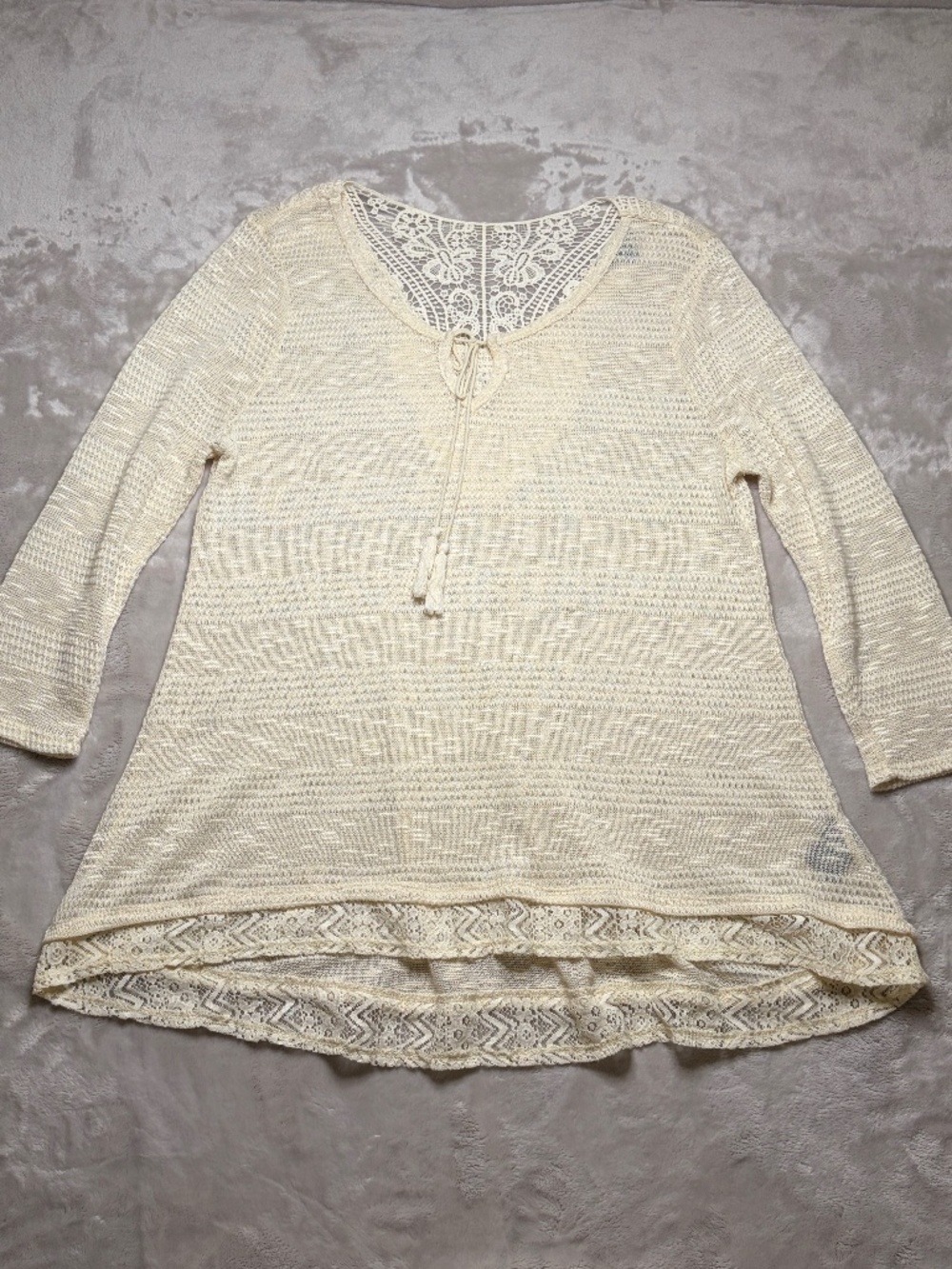 Signature Studio Top Womens XL‎ Cream Sheer Lace Tassle 3/4 Sleeve Cover Up Boho